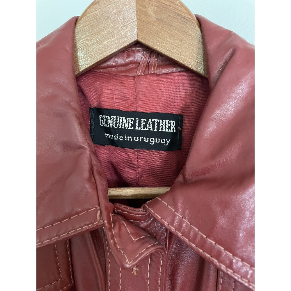 Vintage 70s Red Leather Trench Coat Maxi Long Duster Dagger Collar Uruguay S - Picture 5 of 16